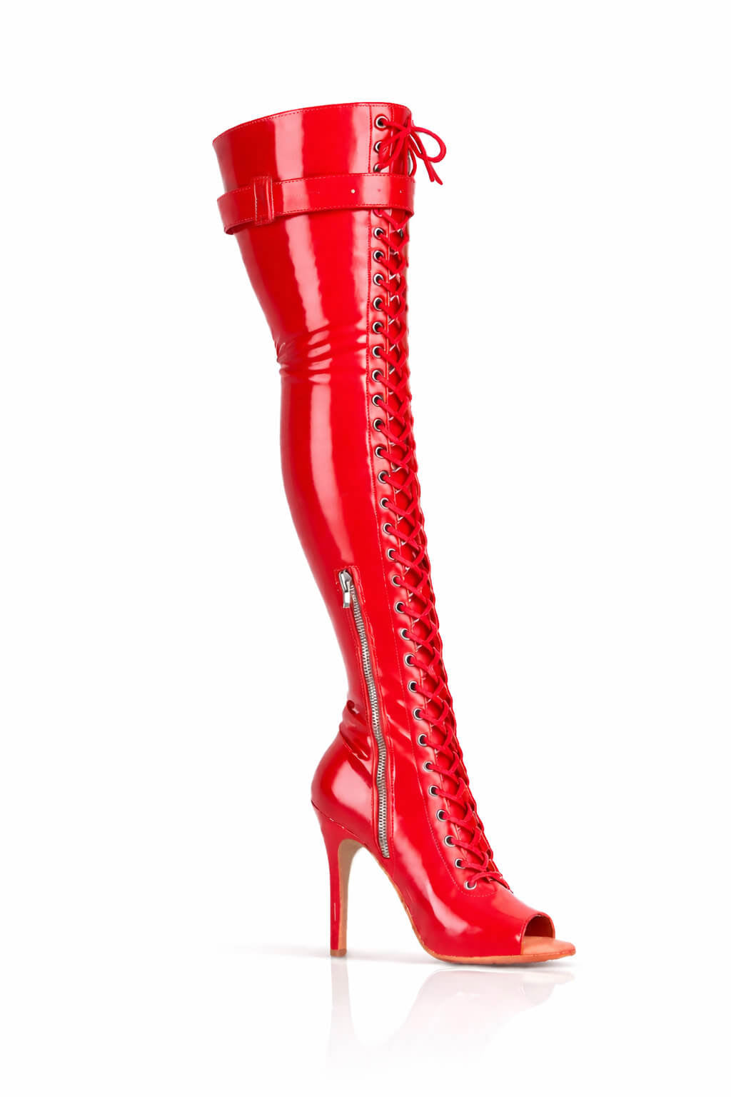 Over-Knee Latex Boots Front-Laces One-Color Red