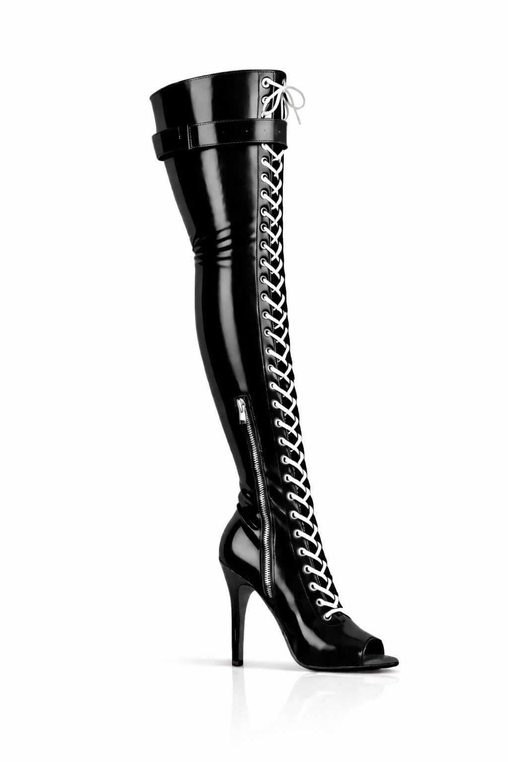 Over-Knee Latex Boots Front-Laces 2-color Black-White