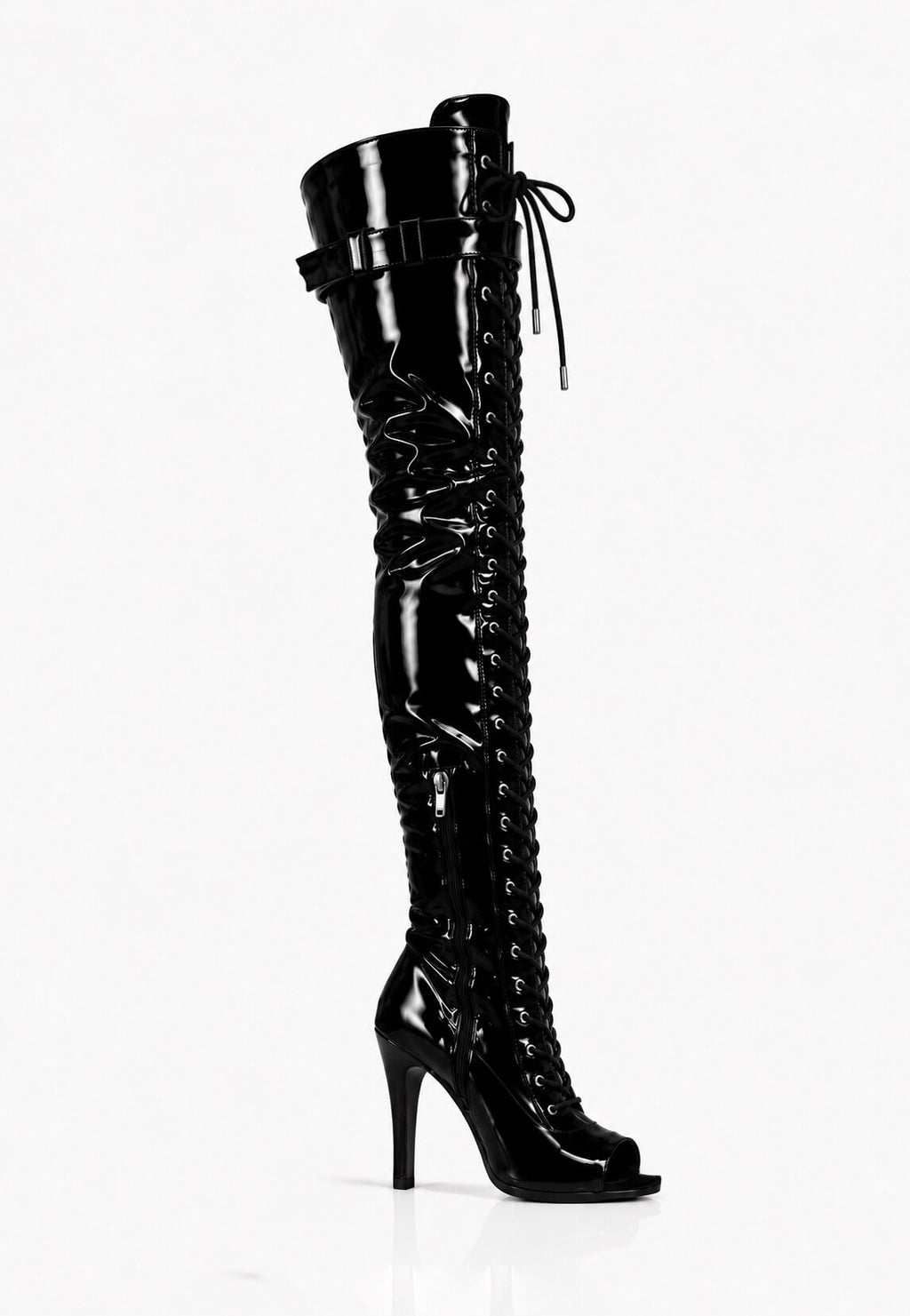 Over-Knee Latex Boots Front-Laces One-Color Black
