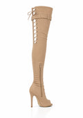 Over-Knee Second-Skin Elastic Boots Back-Laces Beige