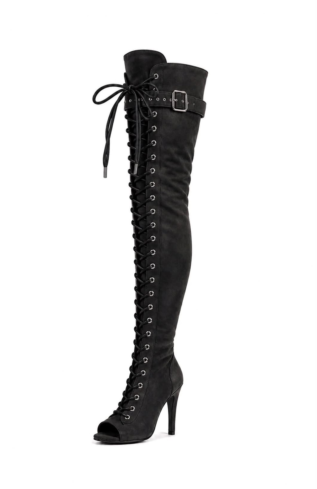 Over-Knee PU-Suede-Elastic Boots Front-Laces Black