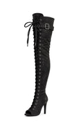 Over-Knee PU-Suede-Elastic Boots Front-Laces Black