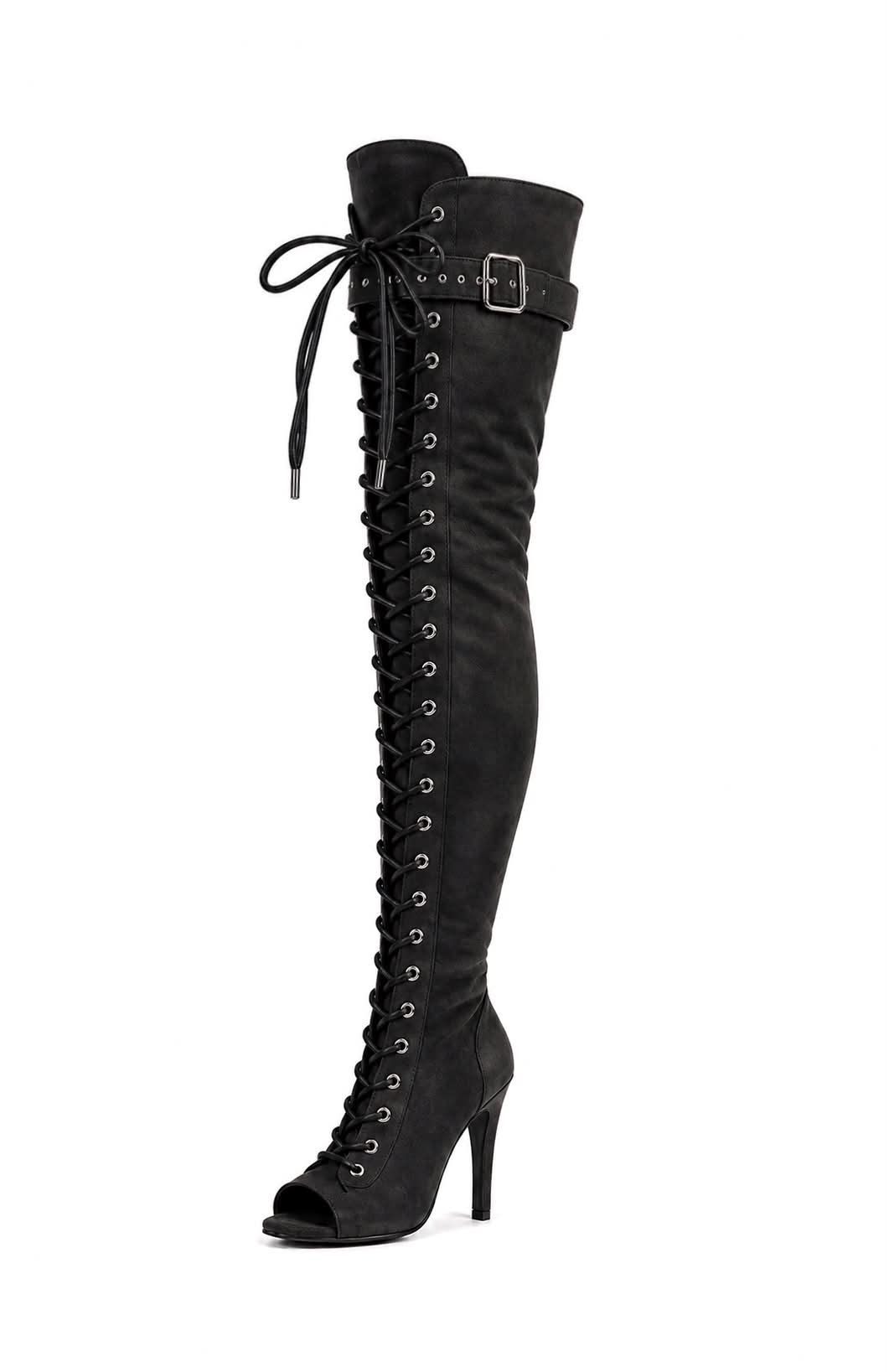 Over-Knee PU-Suede-Elastic Boots Front-Laces Black
