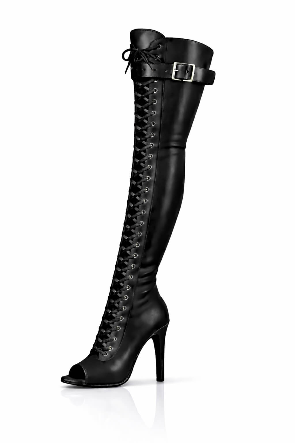 Over-Knee Leather Boots Front-Laces One-Color Black