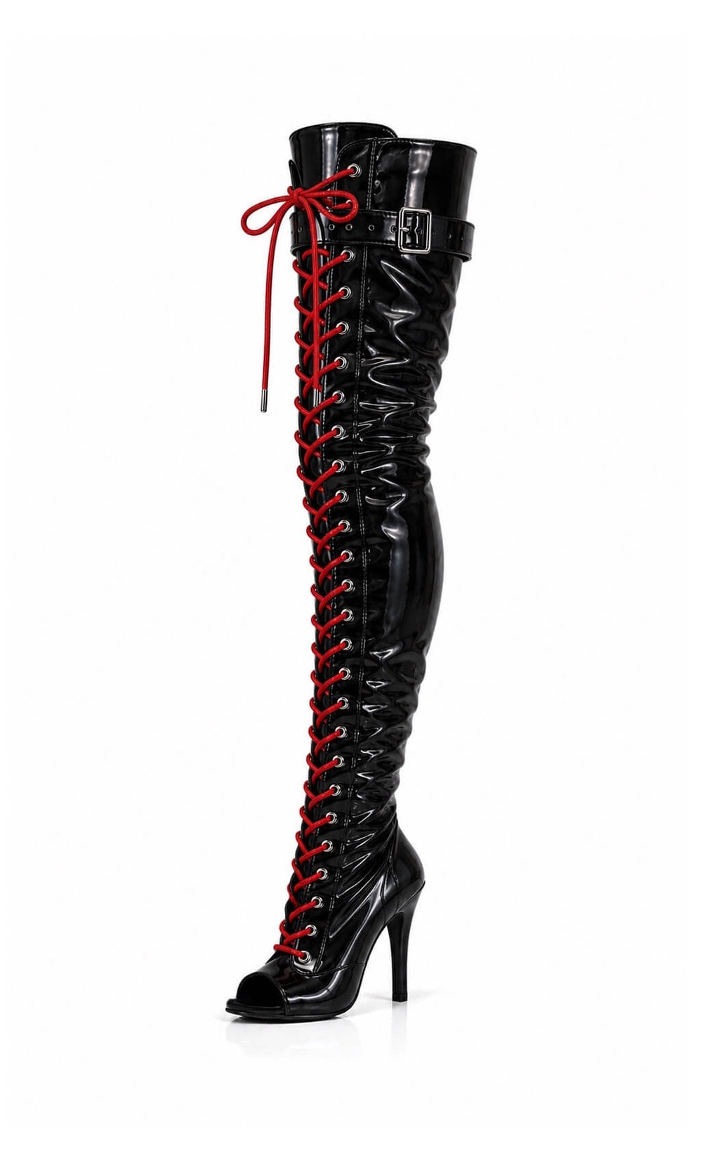 Over-Knee Latex Boots Front-Laces 2-color Black-Red
