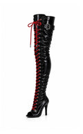 Over-Knee Latex Boots Front-Laces 2-color Black-Red