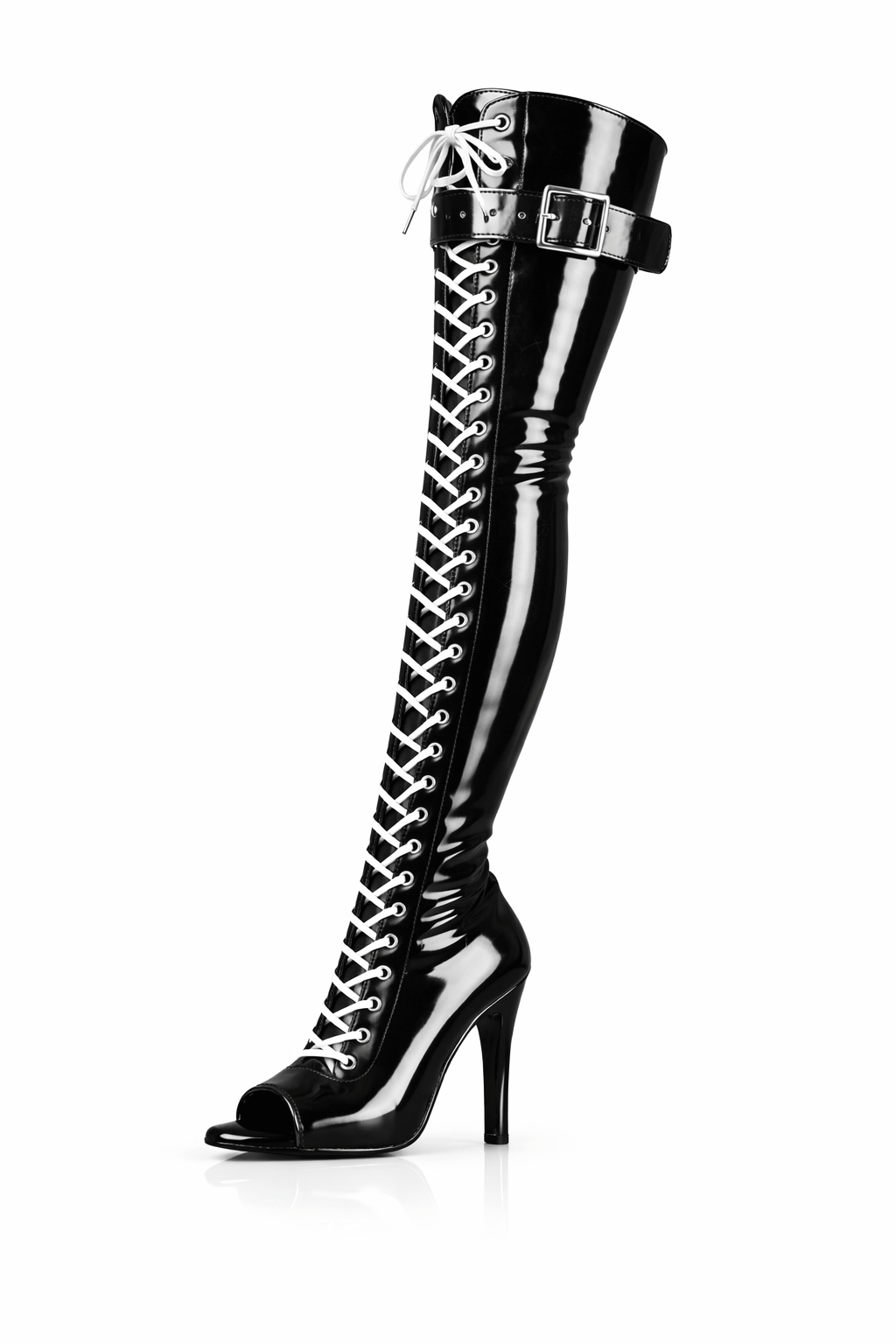 Over-Knee Latex Boots Front-Laces 2-color Black-White