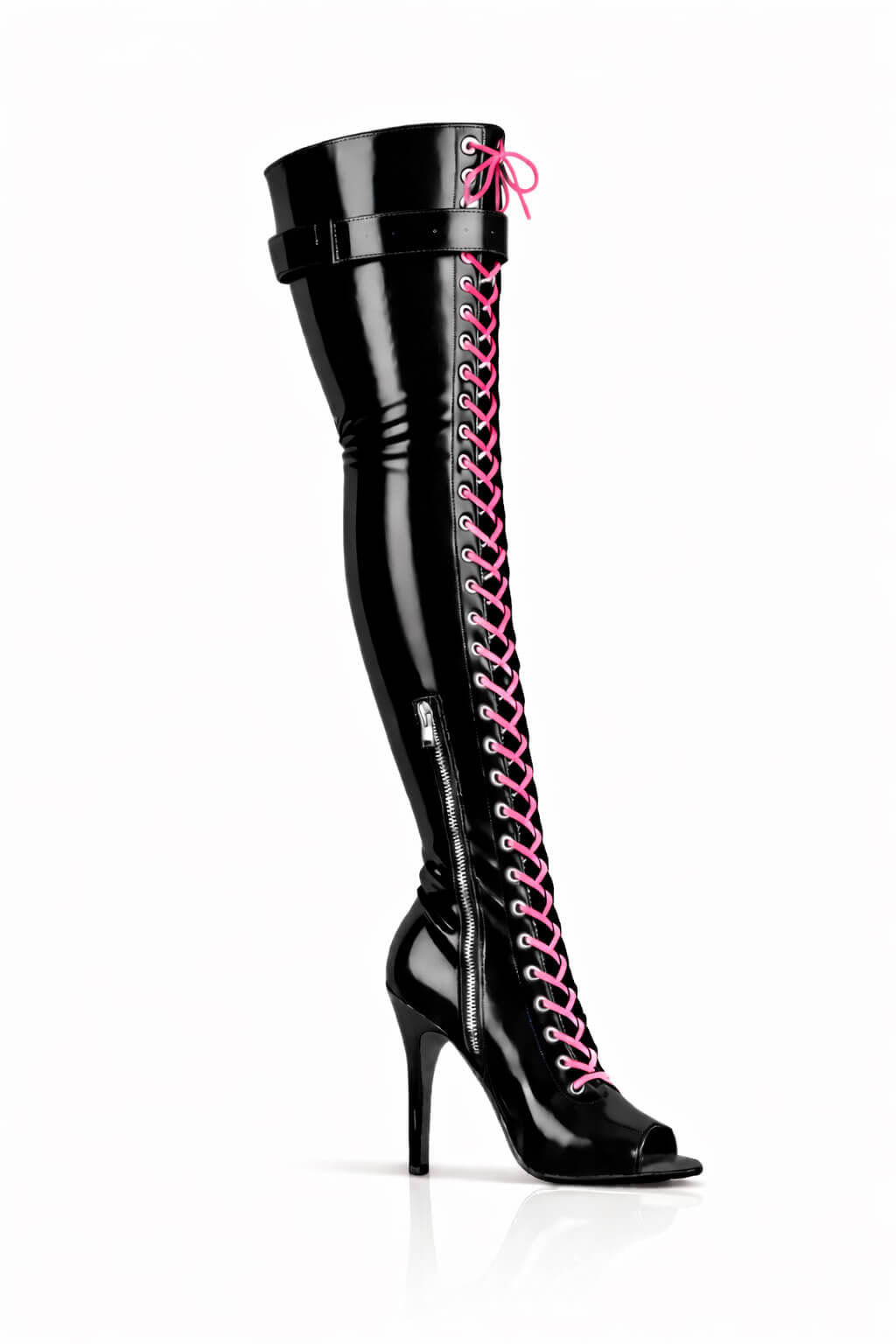 Over-Knee Latex Boots Front-Laces 2-color Black-Pink