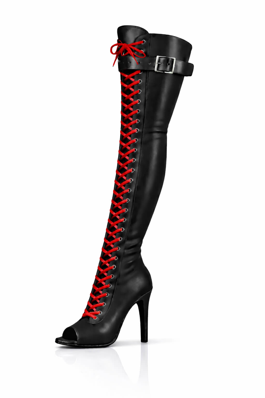 Over-Knee Leather Boots Front-Laces 2-color Black-Red