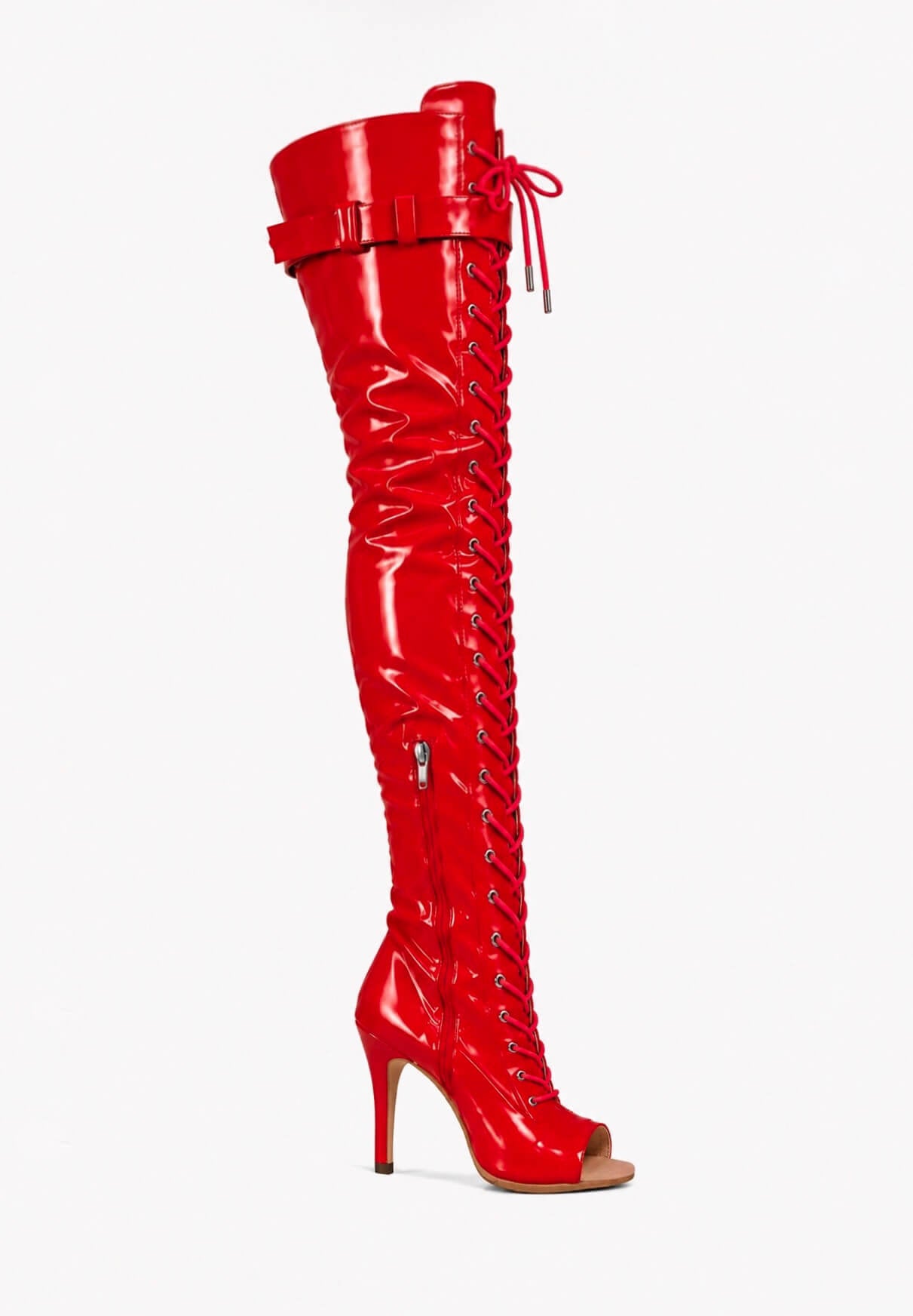 Over-Knee Latex Boots Front-Laces One-Color Red