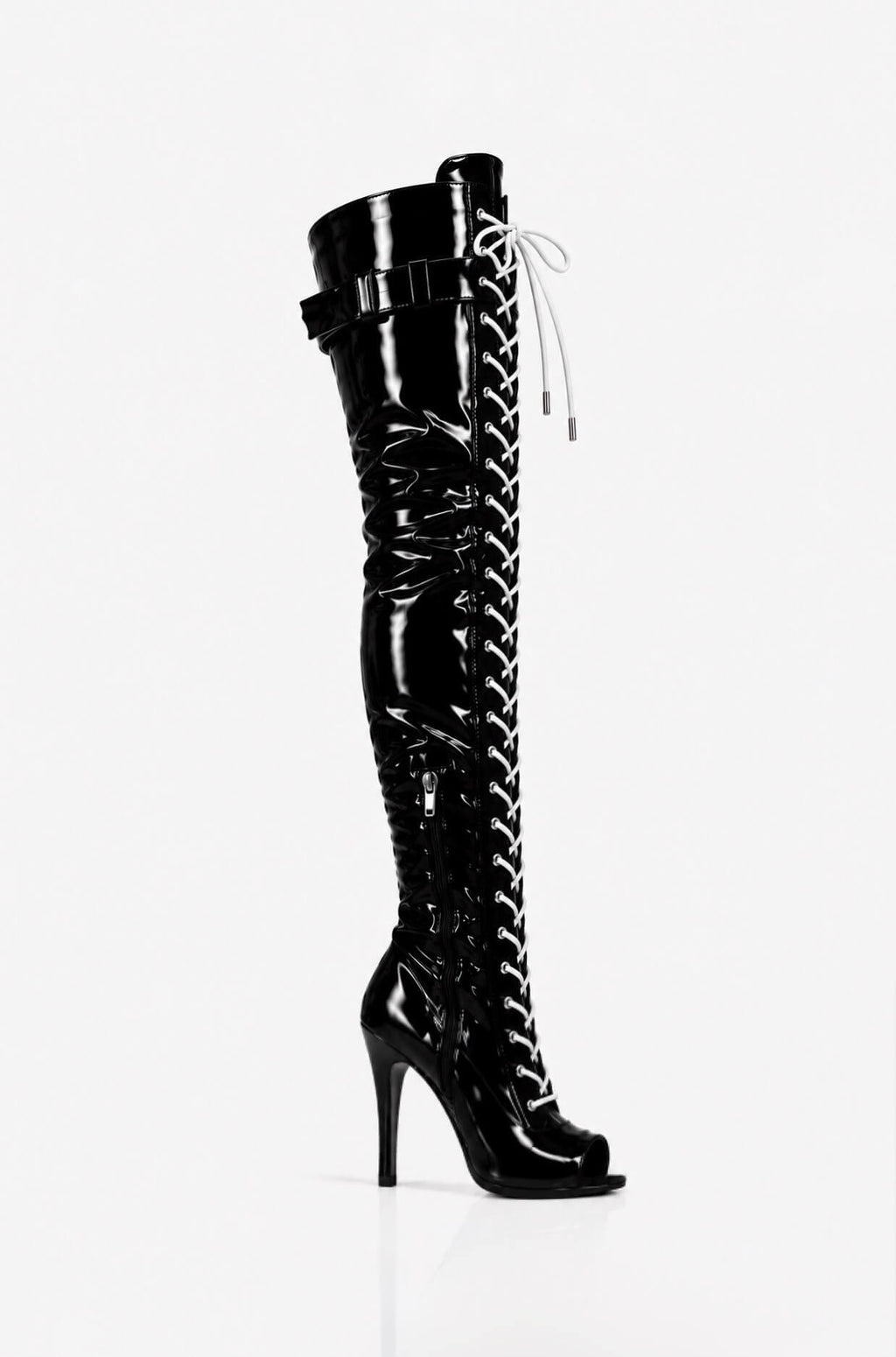Over-Knee Latex Boots Front-Laces 2-color Black-White