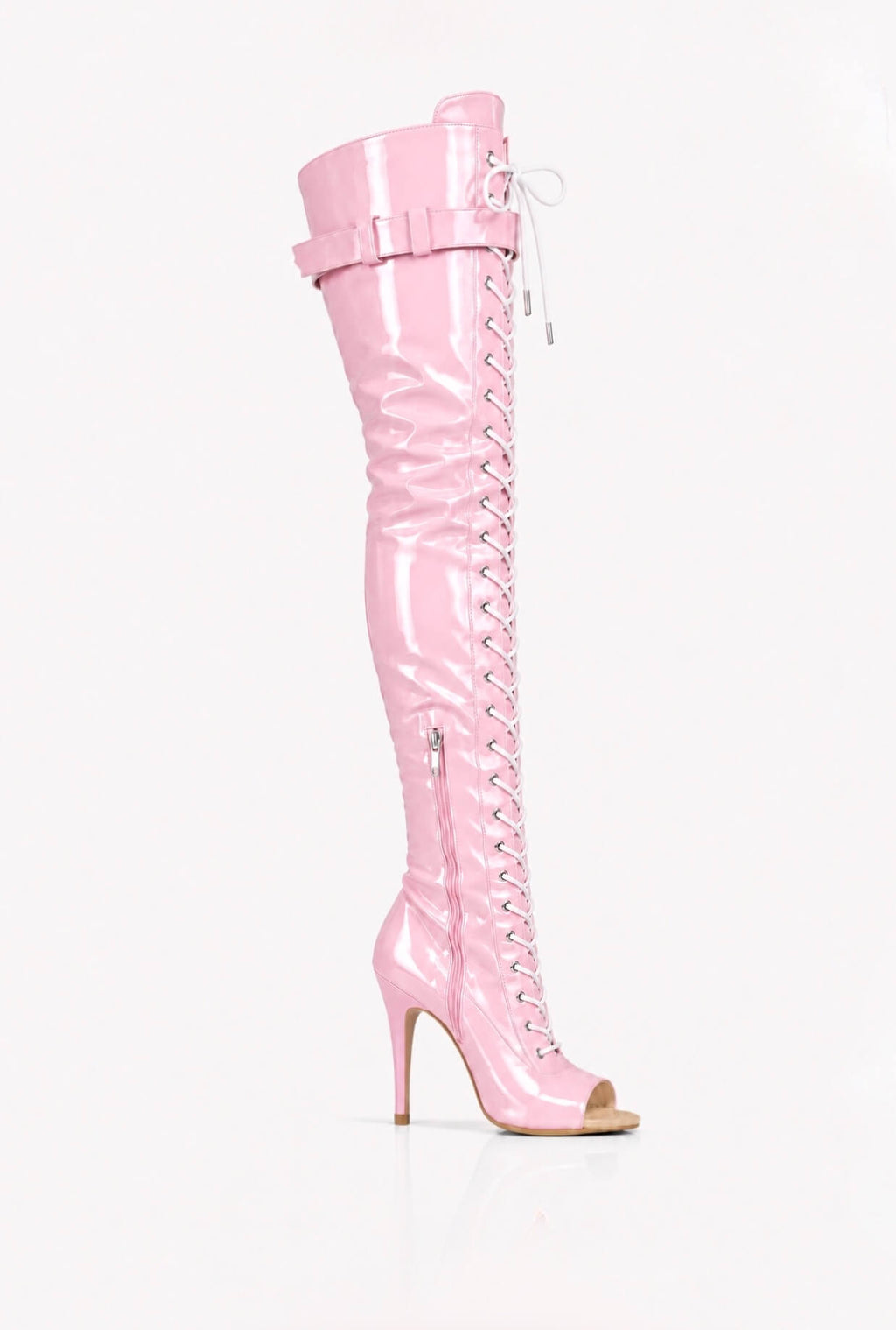 Over-Knee Latex Boots Front-Laces 2-color Pink-White
