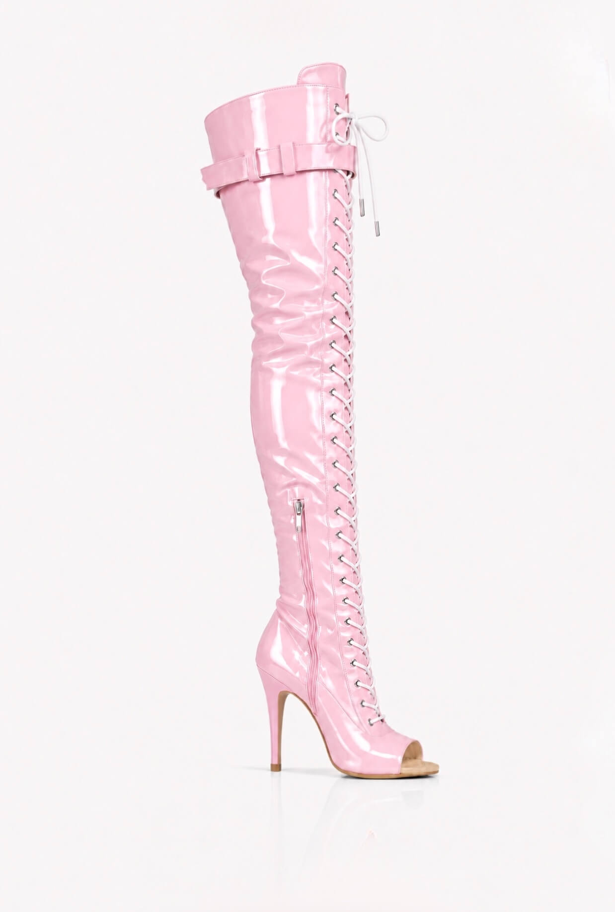 Over-Knee Latex Boots Front-Laces 2-color Pink-White