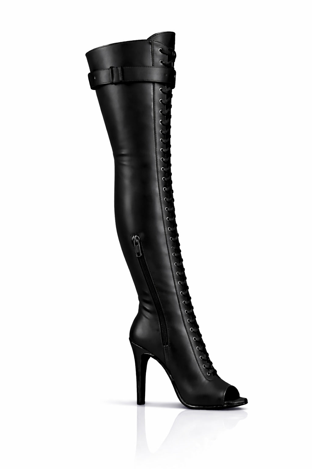 Over-Knee Leather Boots Front-Laces One-Color Black