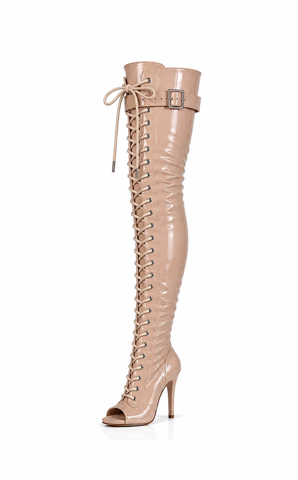 Over-Knee Latex Boots Front-Laces One-Color Beige
