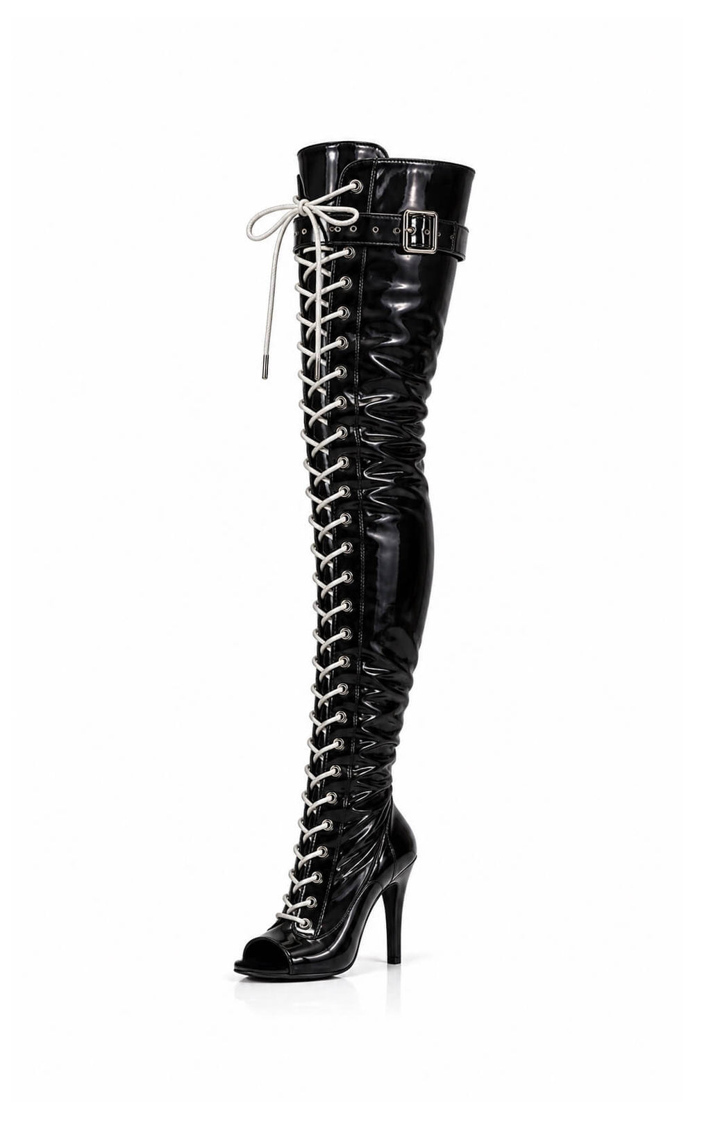 Over-Knee Latex Boots Front-Laces 2-color Black-White