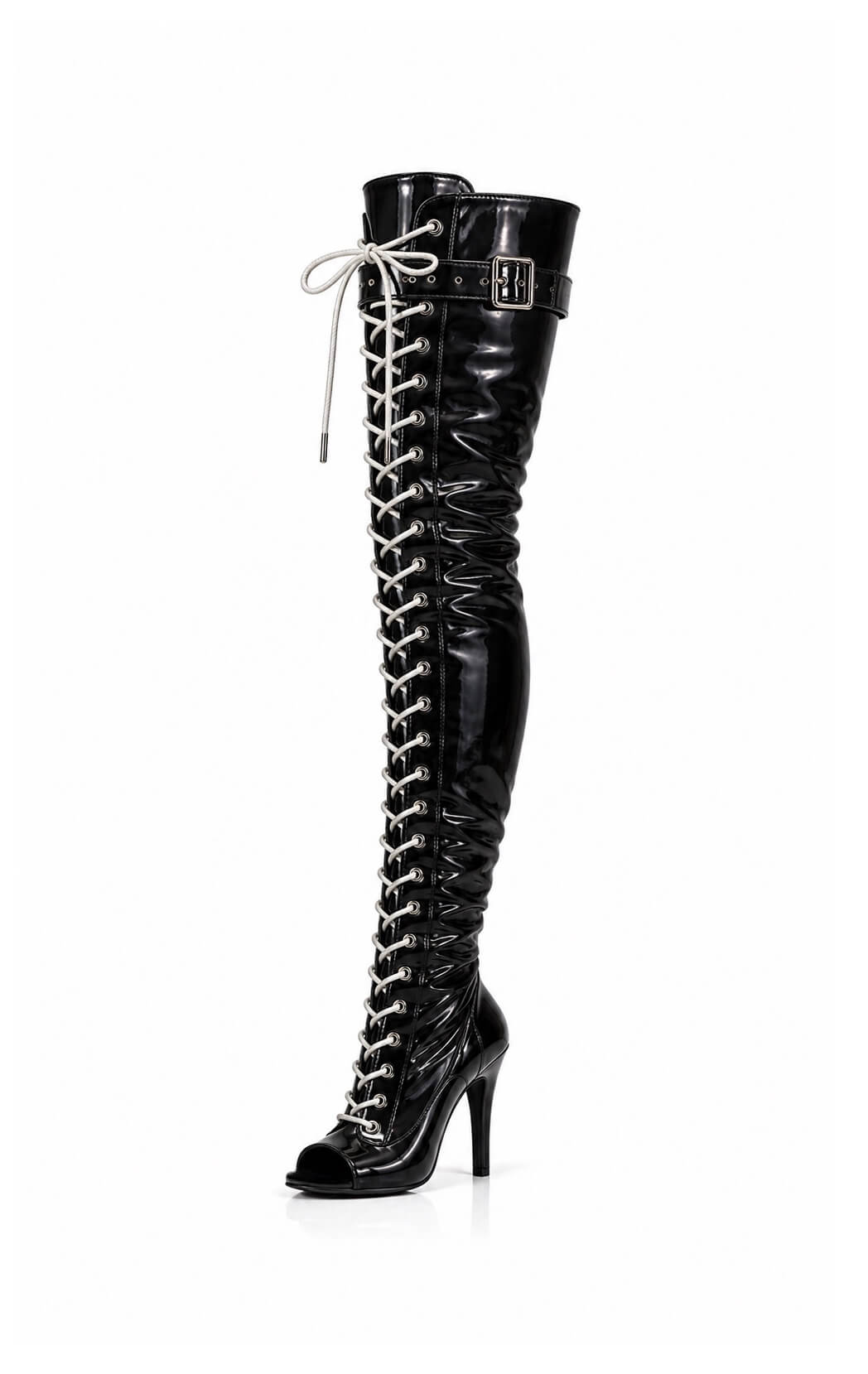 Over-Knee Latex Boots Front-Laces 2-color Black-White