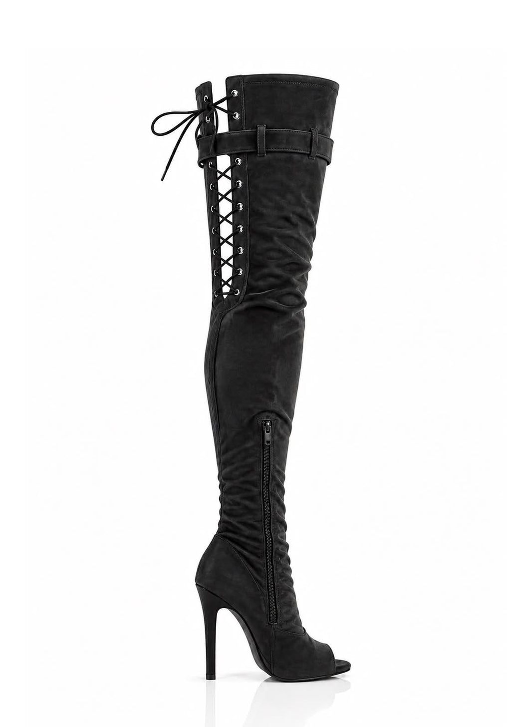 Over-Knee PU-Suede Elastic Boots Back-Laces Black