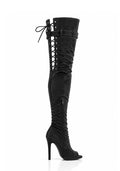 Over-Knee PU-Suede Elastic Boots Back-Laces Black