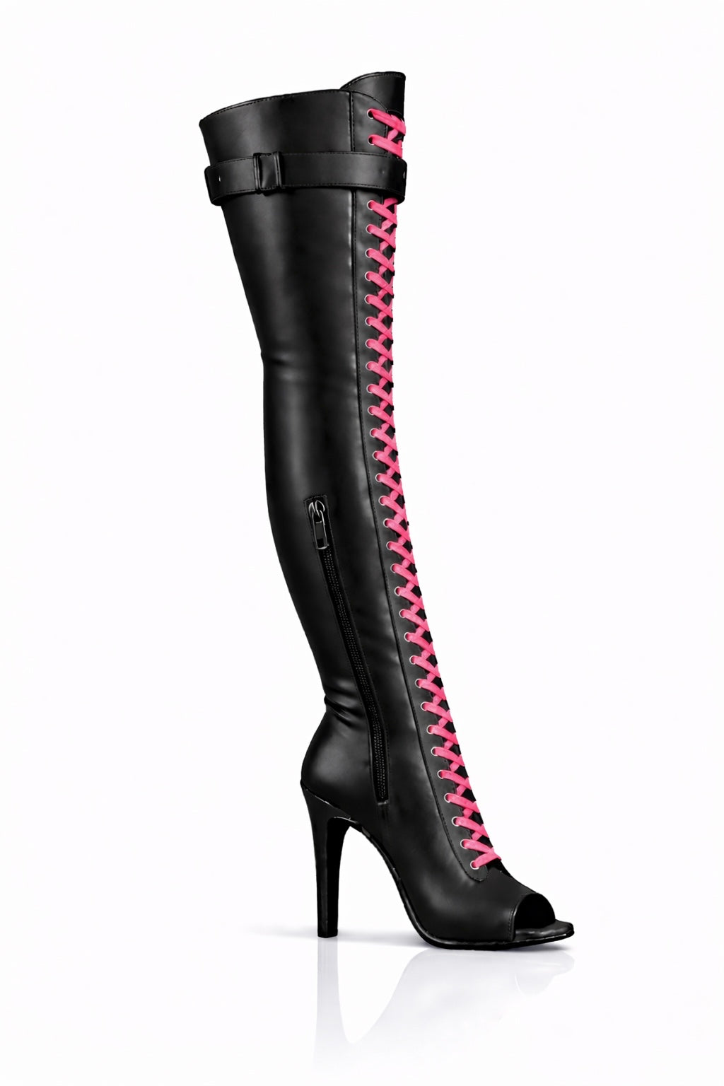 Over-Knee Leather Boots Front-Laces 2-color Black-Pink