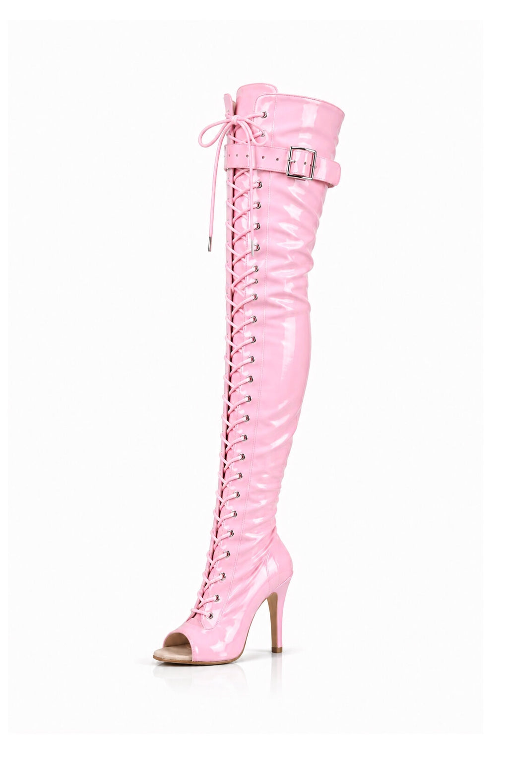 Over-Knee Latex Boots Front-Laces One-Color Pink