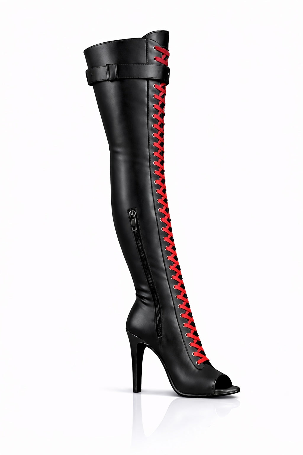 Over-Knee Leather Boots Front-Laces 2-color Black-Red