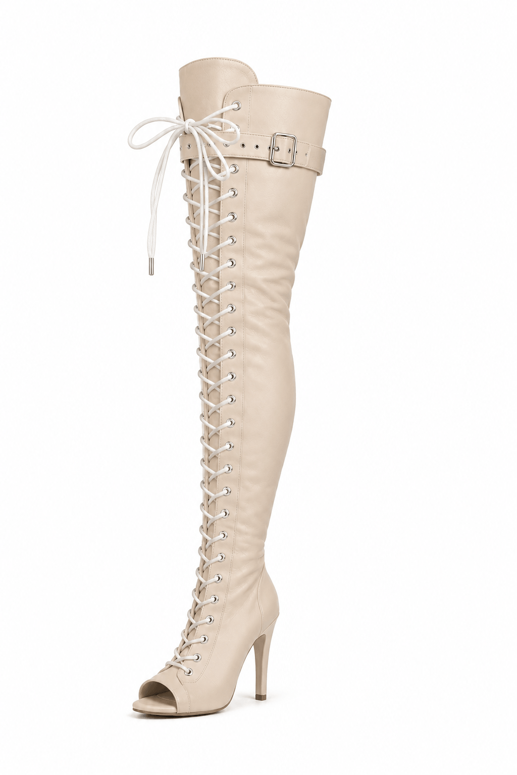 Over-Knee PU-Leather Boots Front-Laces Black/Black