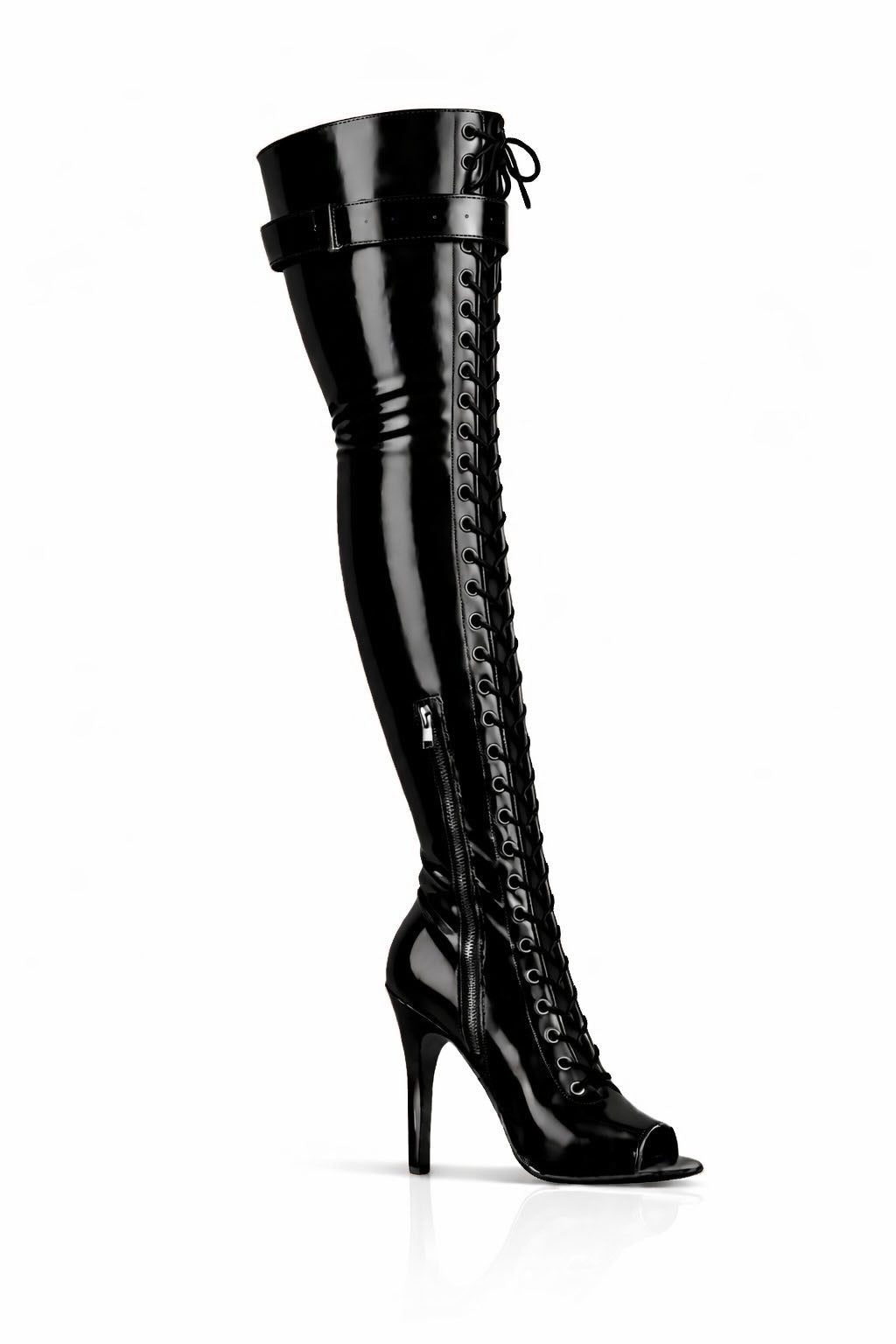 Over-Knee Latex Boots Front-Laces One-Color Black