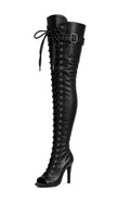 Over-Knee PU-Leather Boots Front-Laces Black/Black