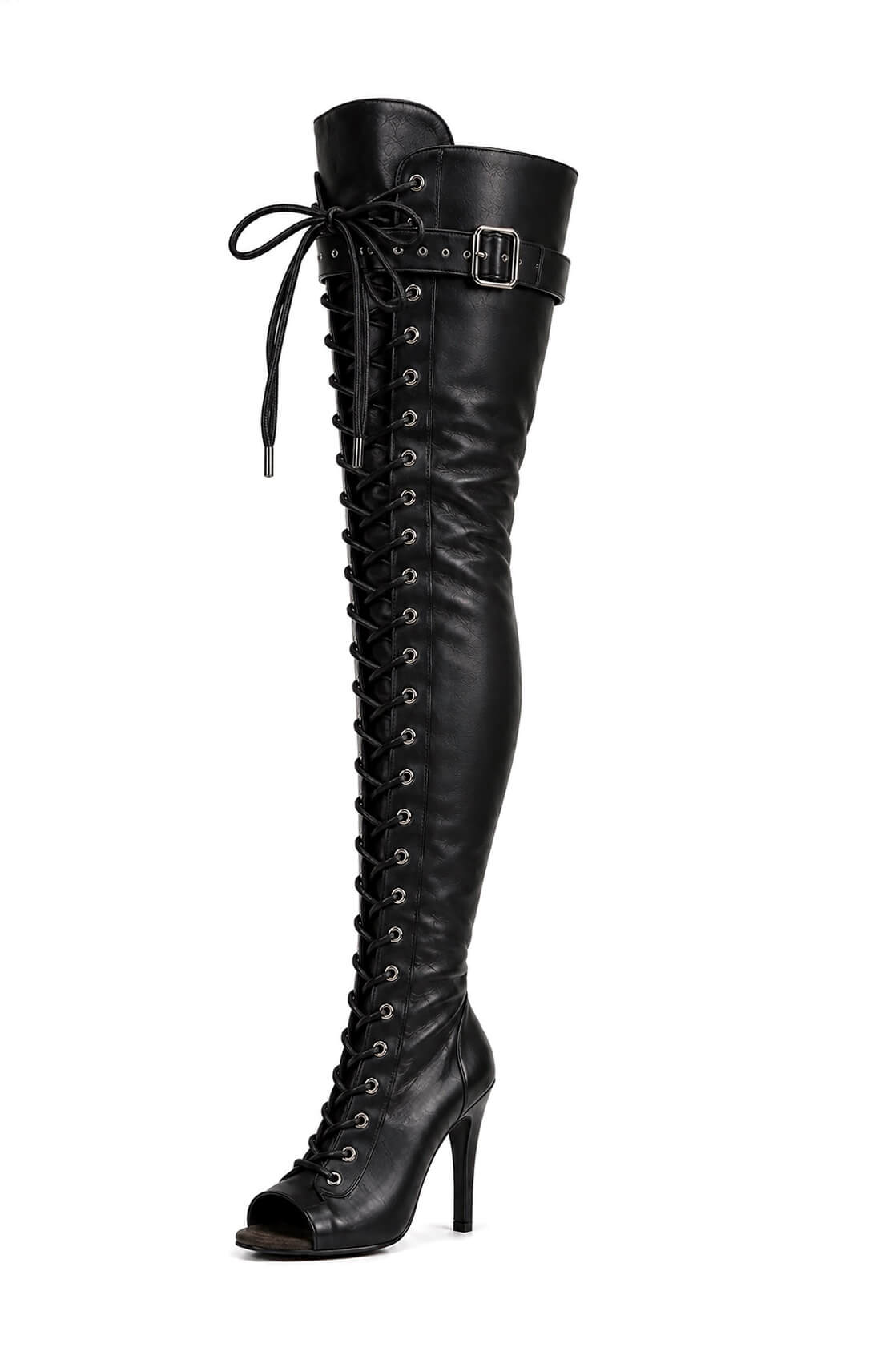Over-Knee PU-Leather Boots Front-Laces Black/Black