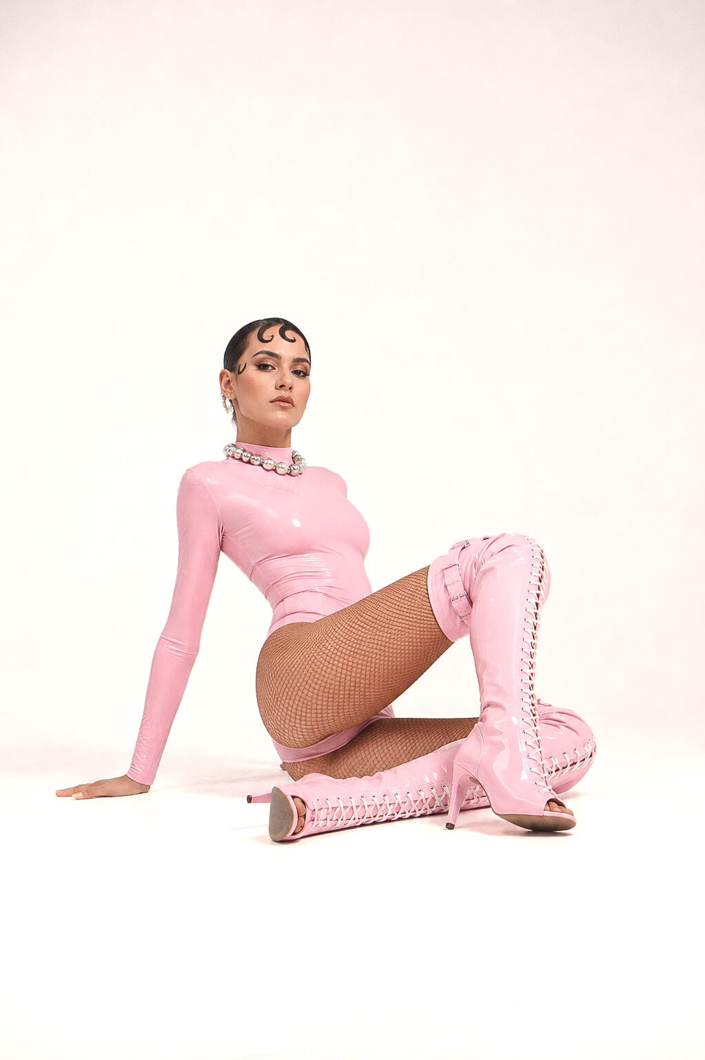Over-Knee PU-Leather-Latex-Boots-Front-Laces-Pink-White