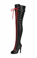 Over-Knee PU-Leather Boots Front-Lace Black/Red