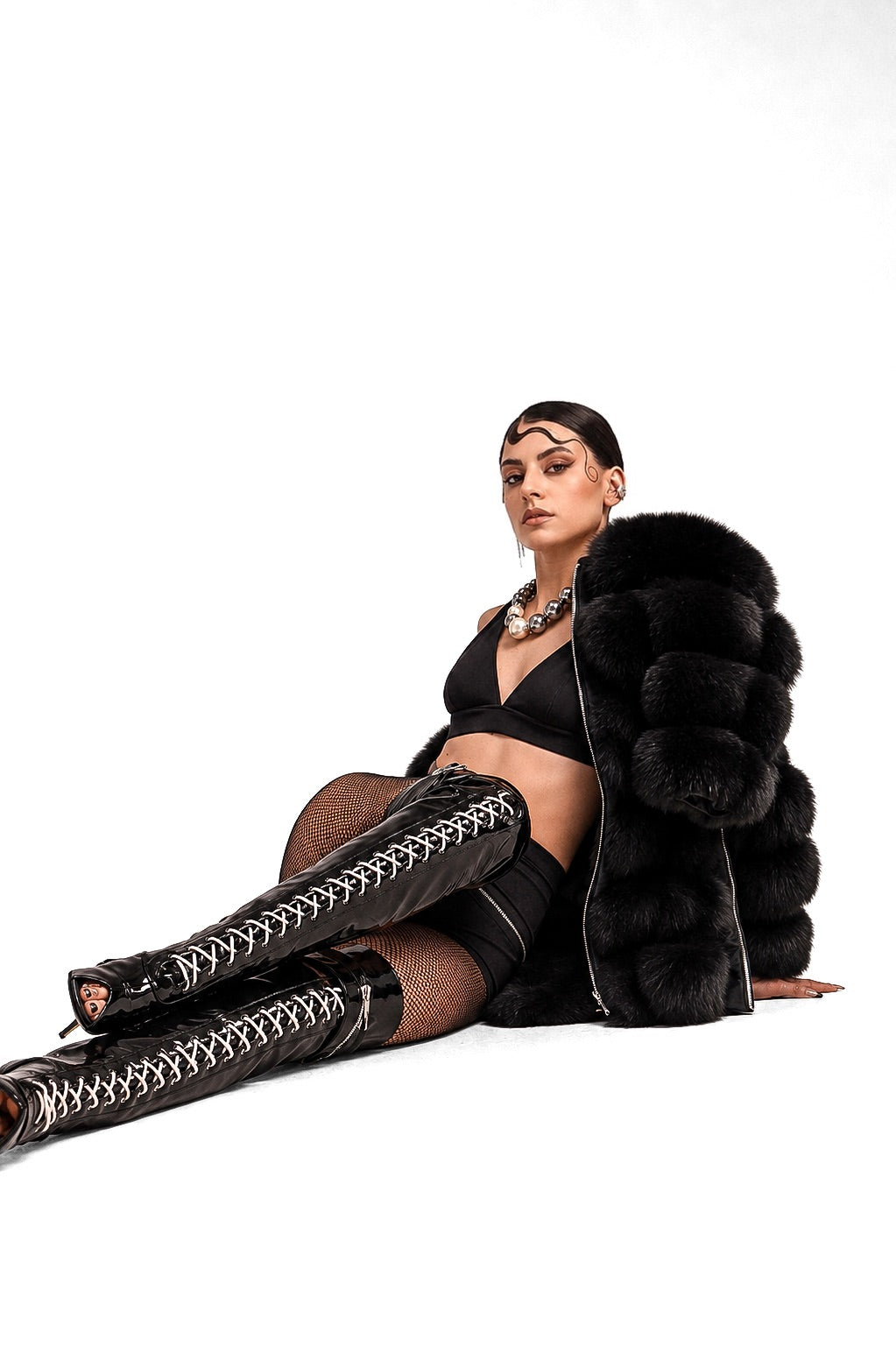 Over-Knee PU-Leather-Latex-Boots-Front-Laces Black-White