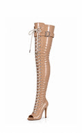Over-Knee PU-Leather-Latex-Boots-Front-Laces-Beige-White
