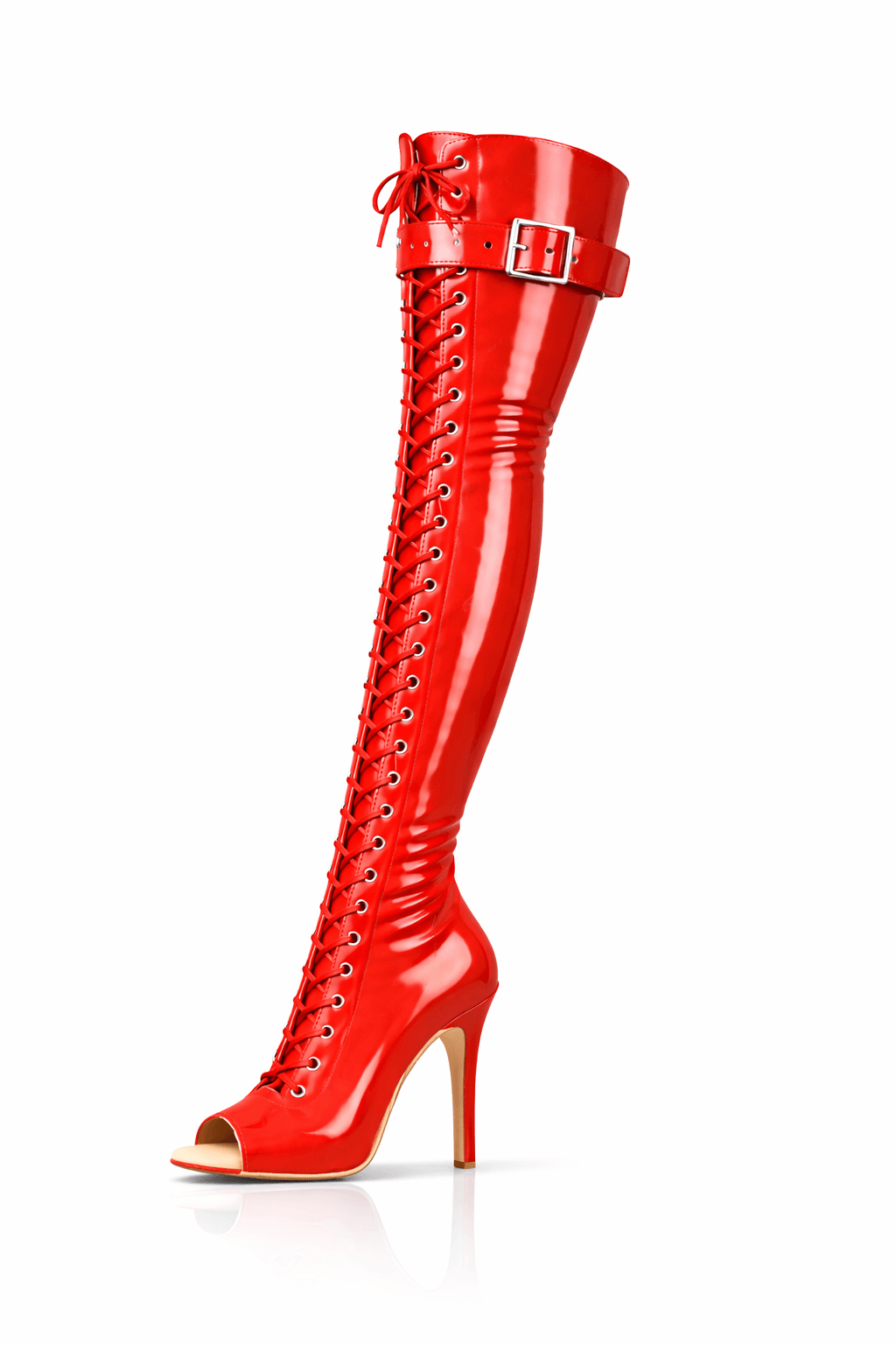 Over-Knee Latex Boots Front-Laces One-Color Red