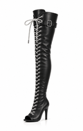 Over-Knee PU-Leather Boots Front-Laces Black/White