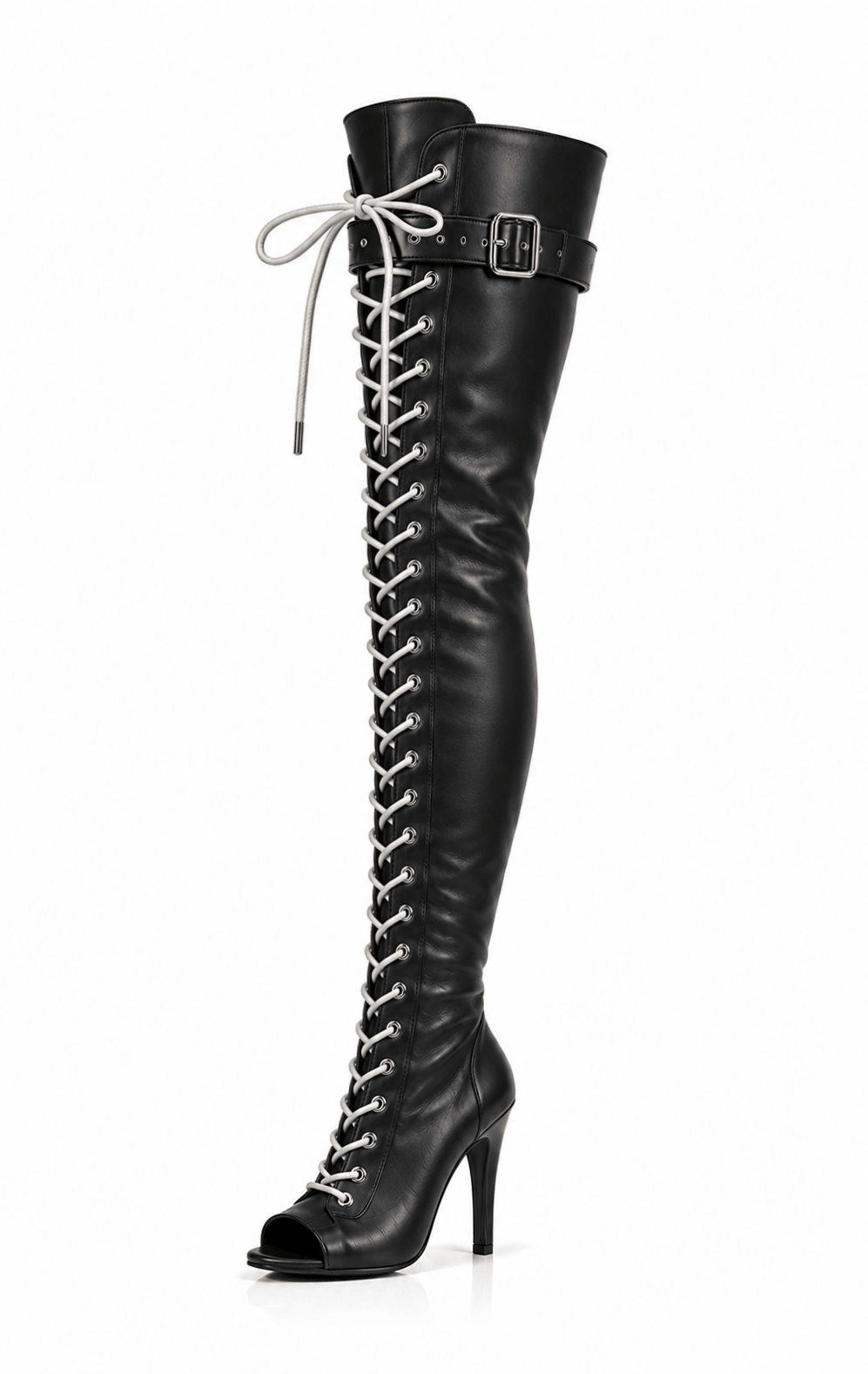 Over-Knee PU-Leather Boots Front-Laces Black/Black