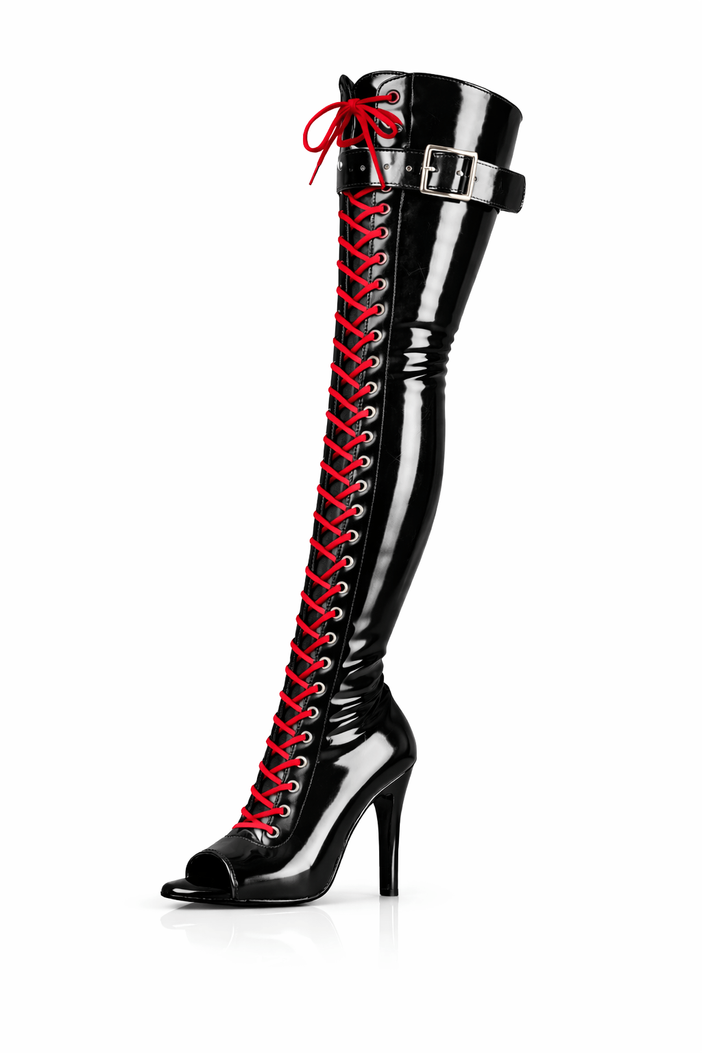 Over-Knee Latex Boots Front-Laces 2-color Black-Red