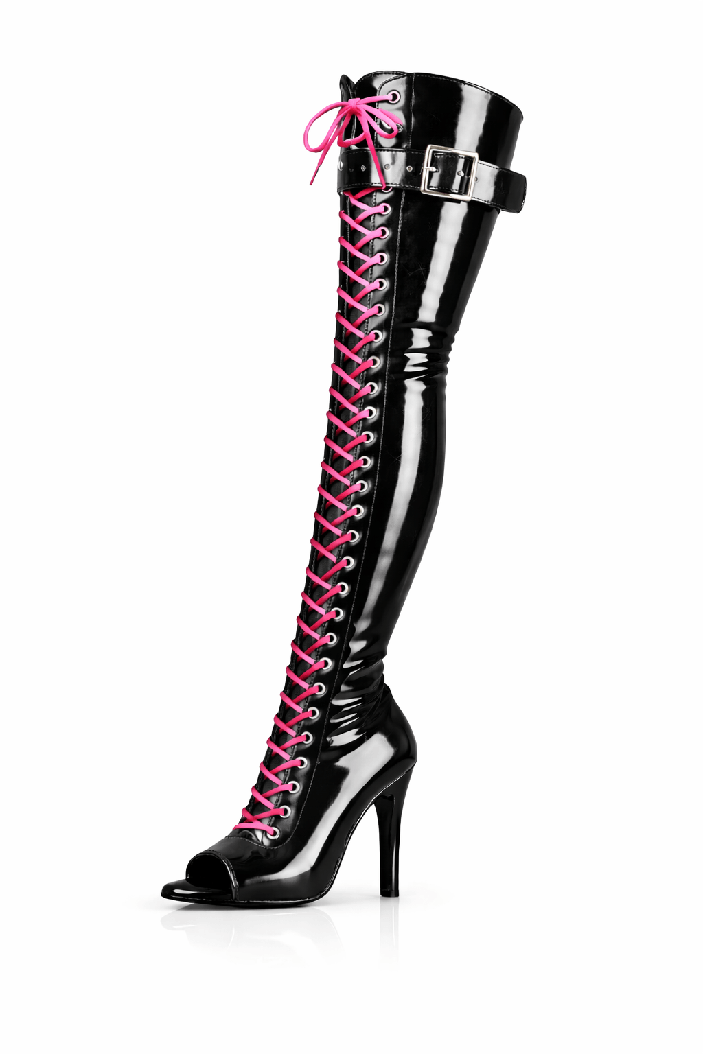 Over-Knee Latex Boots Front-Laces 2-color Black-Pink