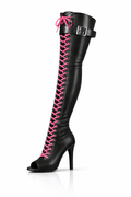 Over-Knee Leather Boots Front-Laces 2-color Black-Pink