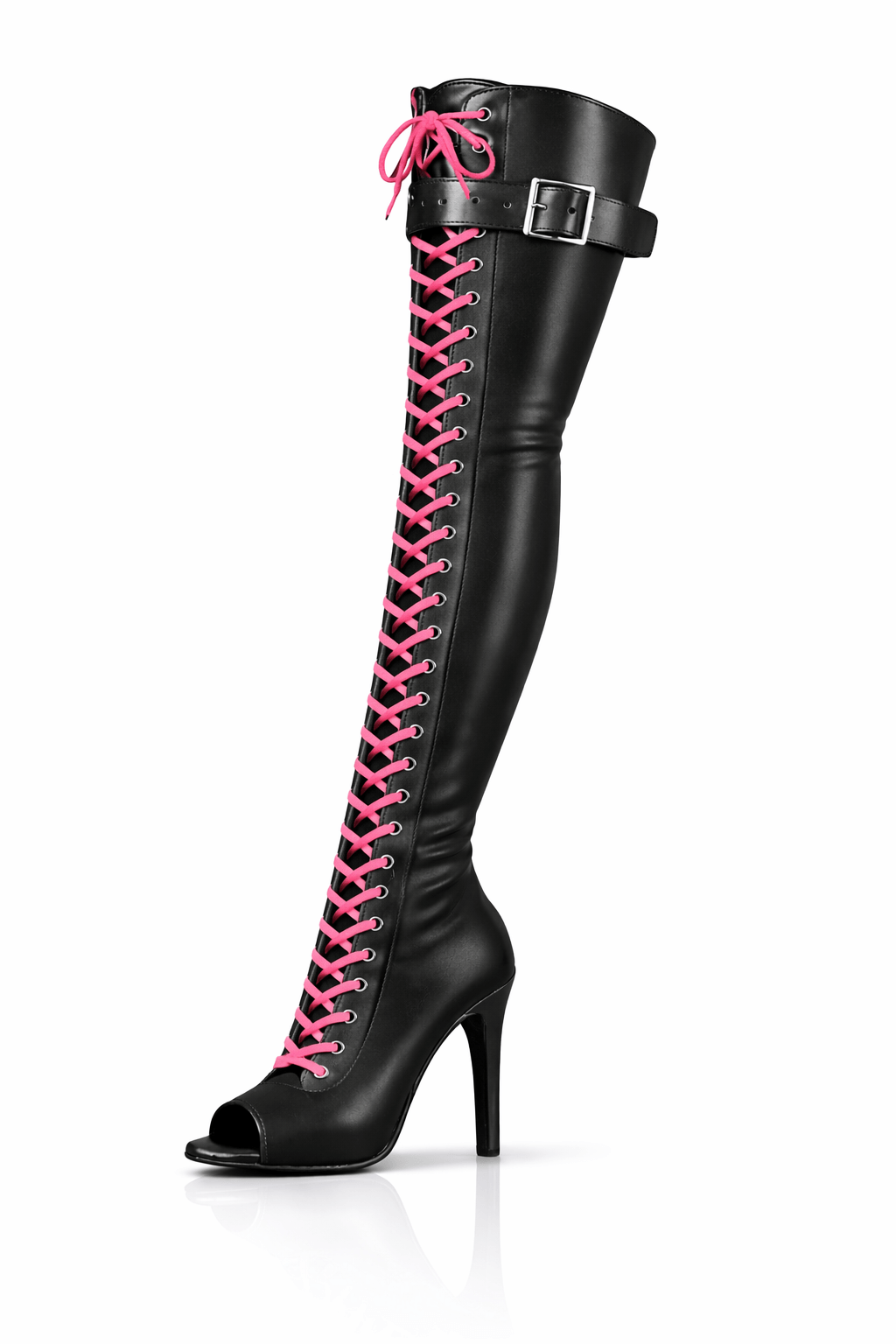 Over-Knee Leather Boots Front-Laces 2-color Black-Pink