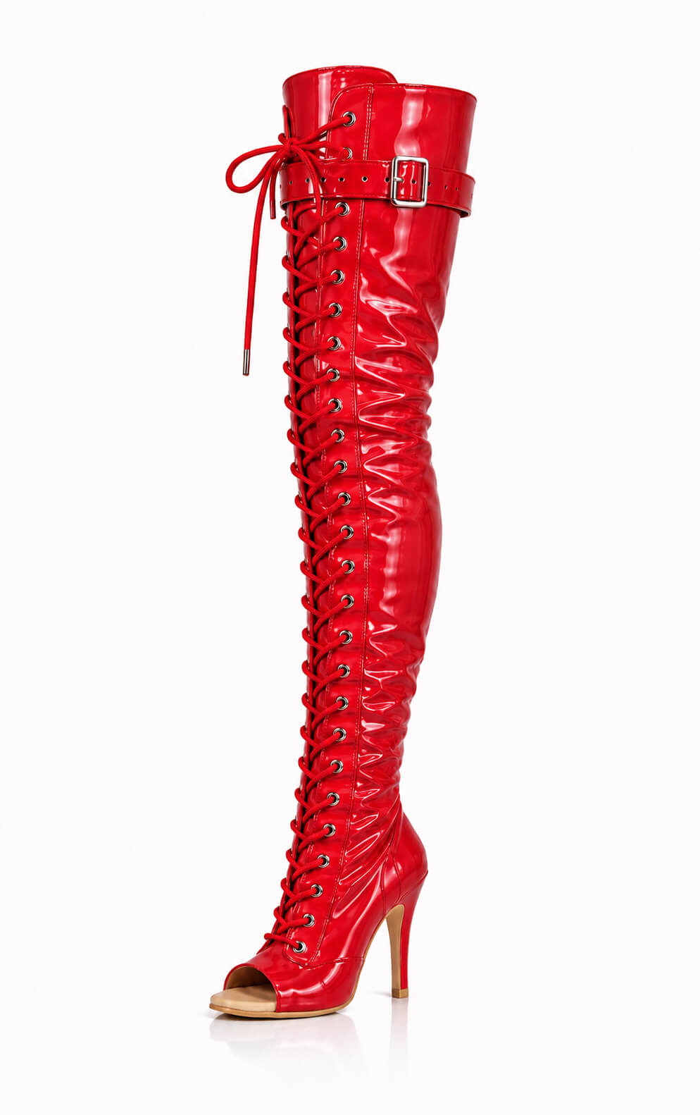 Over-Knee Latex Boots Front-Laces One-Color Red
