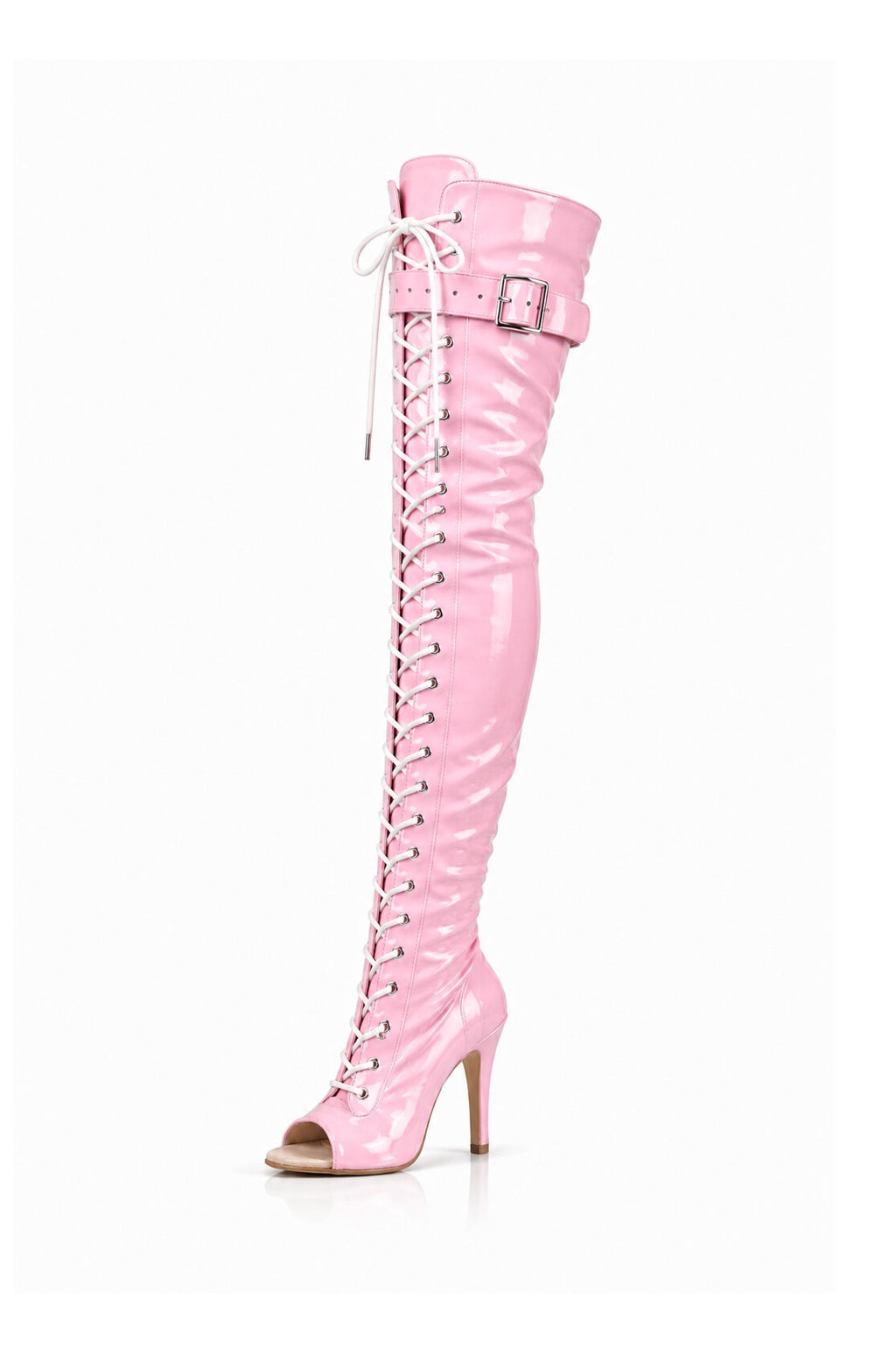Over-Knee Latex Boots Front-Laces 2-color Pink-White