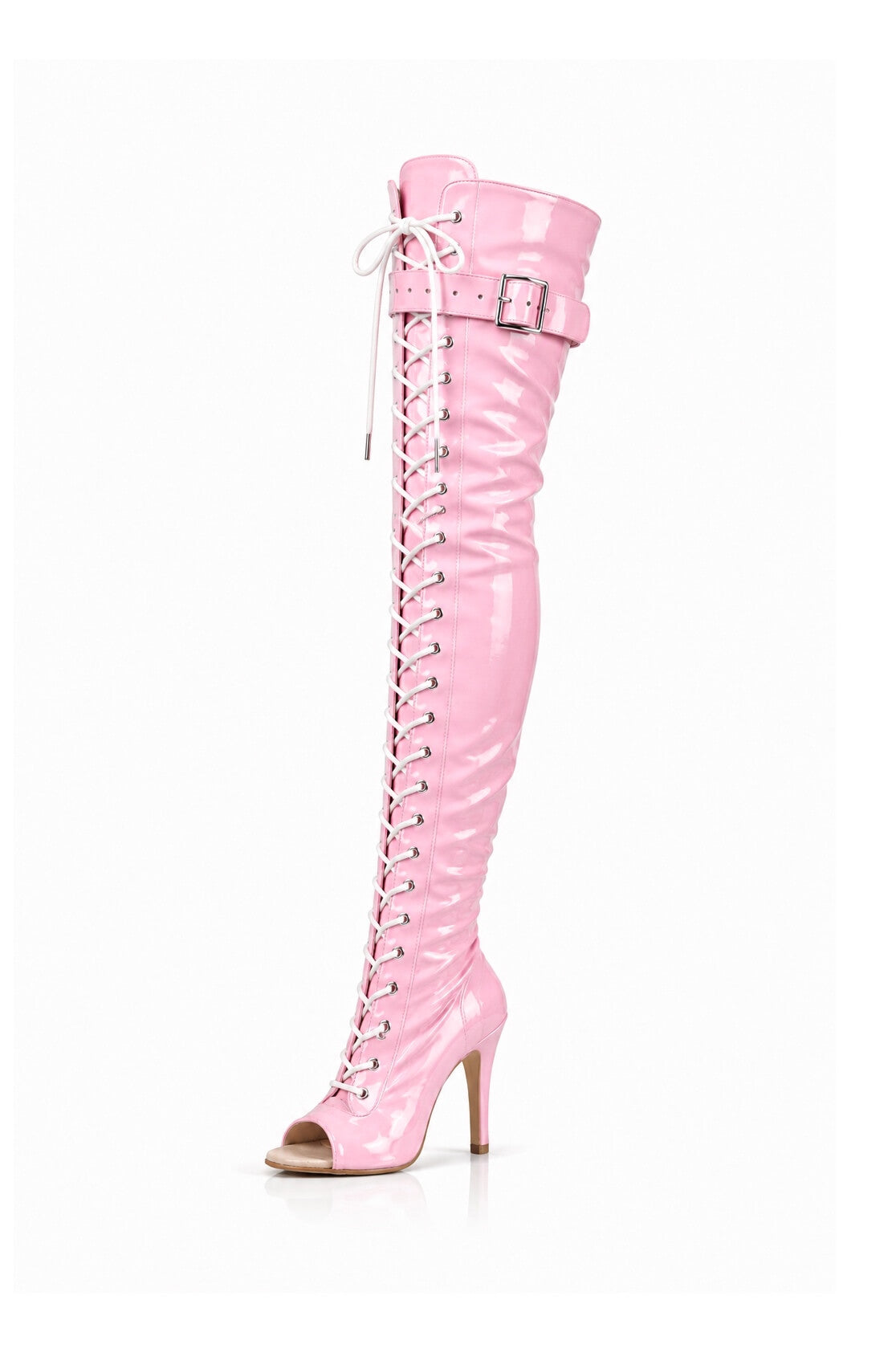Over-Knee Latex Boots Front-Laces 2-color Pink-White