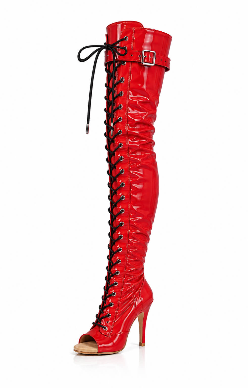 Over-Knee Latex Boots Front-Laces 2-color Red-Black