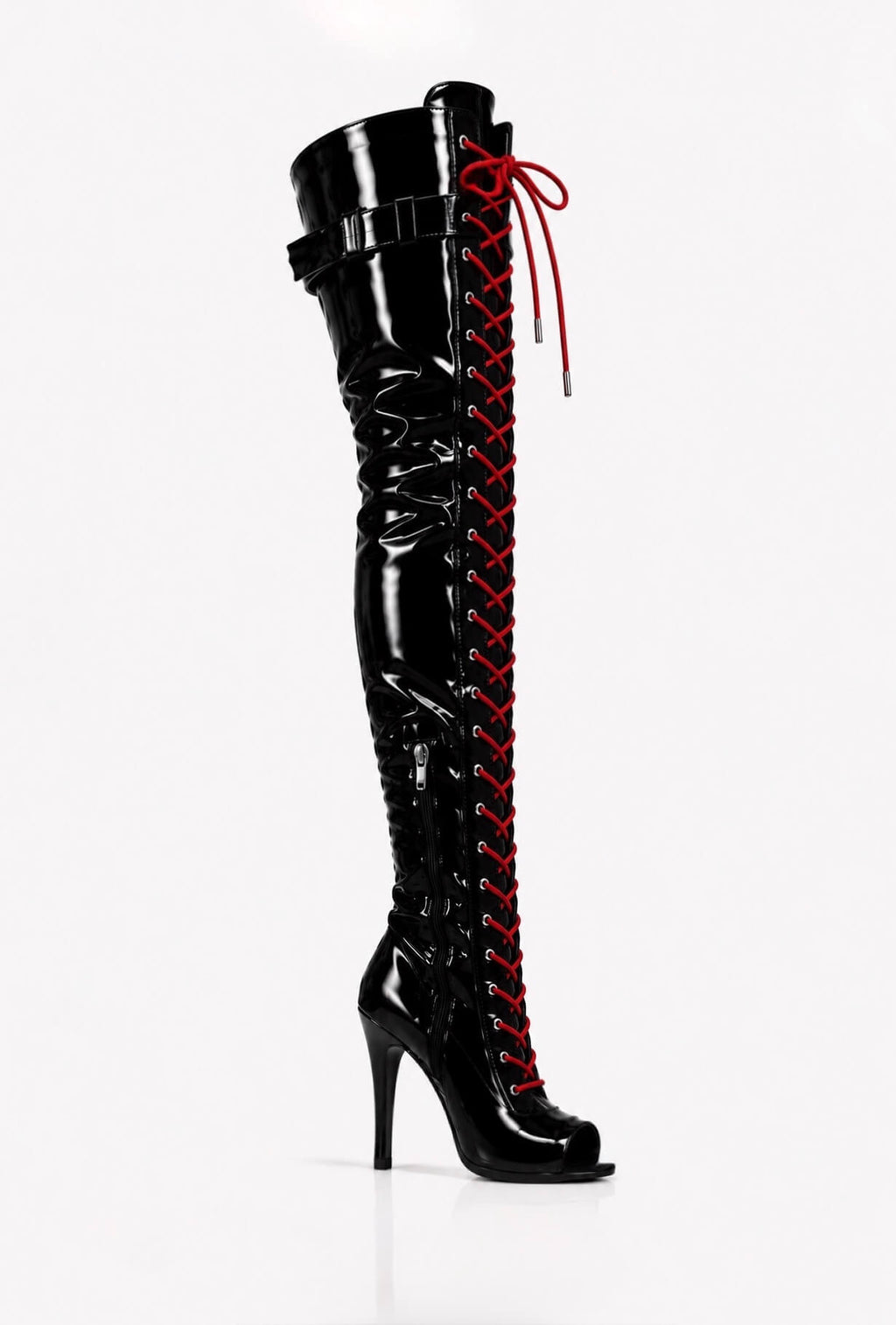 Over-Knee Latex Boots Front-Laces 2-color Black-Red