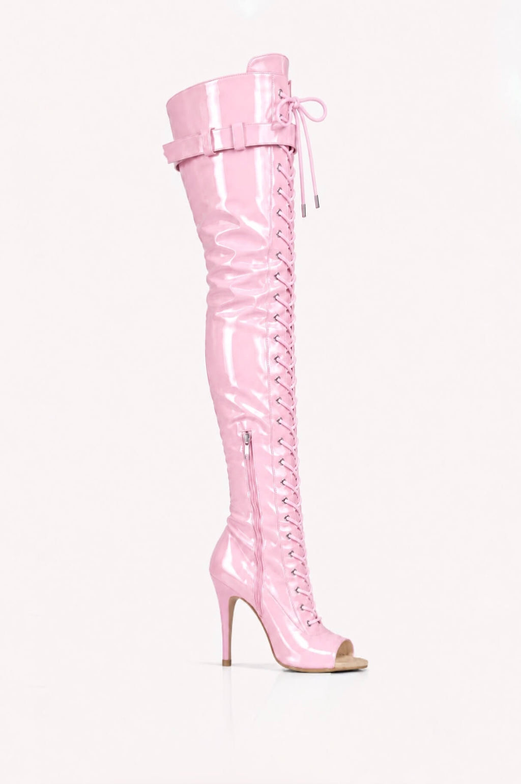 Over-Knee Latex Boots Front-Laces One-Color Pink