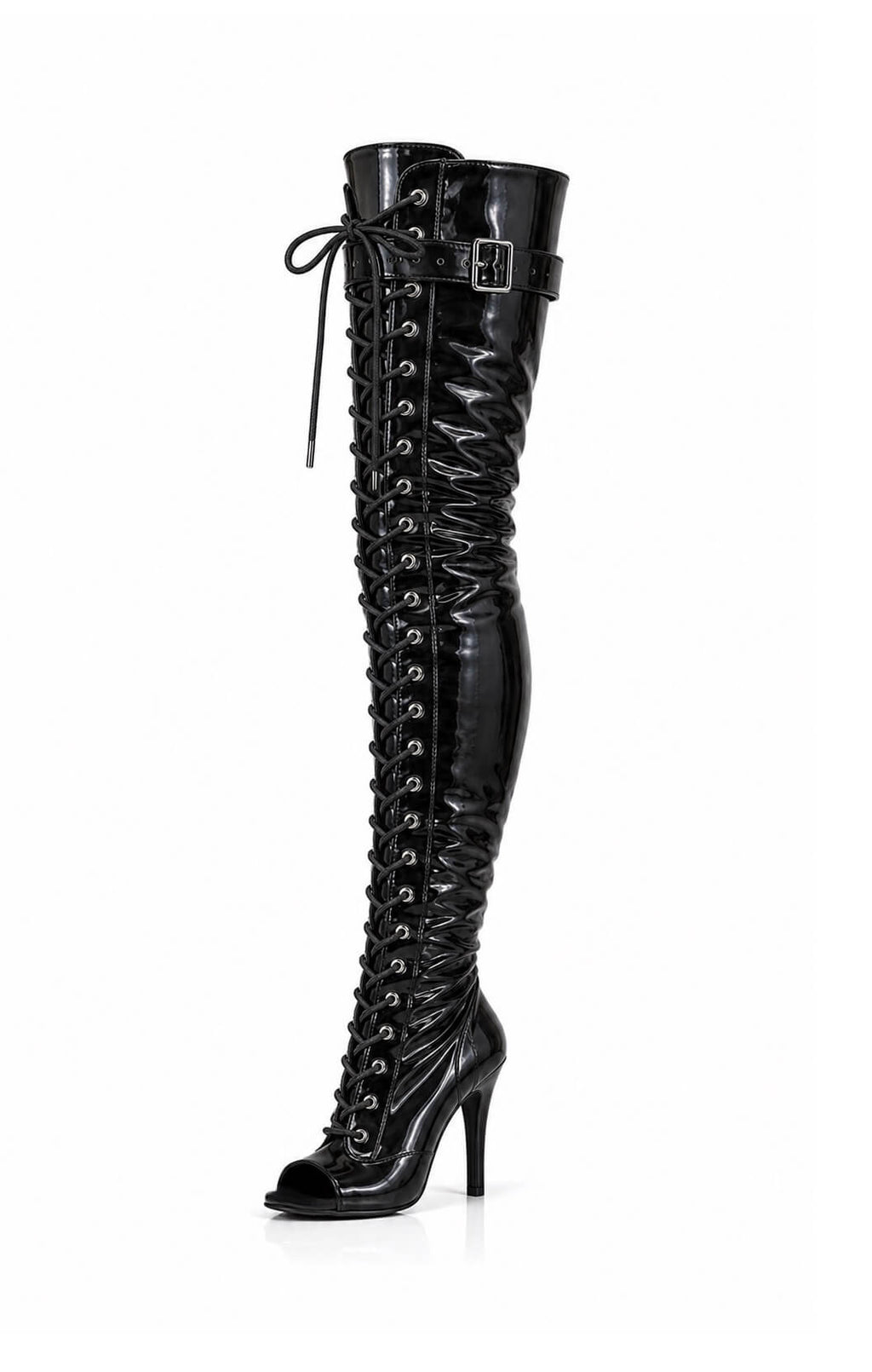 Over-Knee Latex Boots Front-Laces One-Color Black