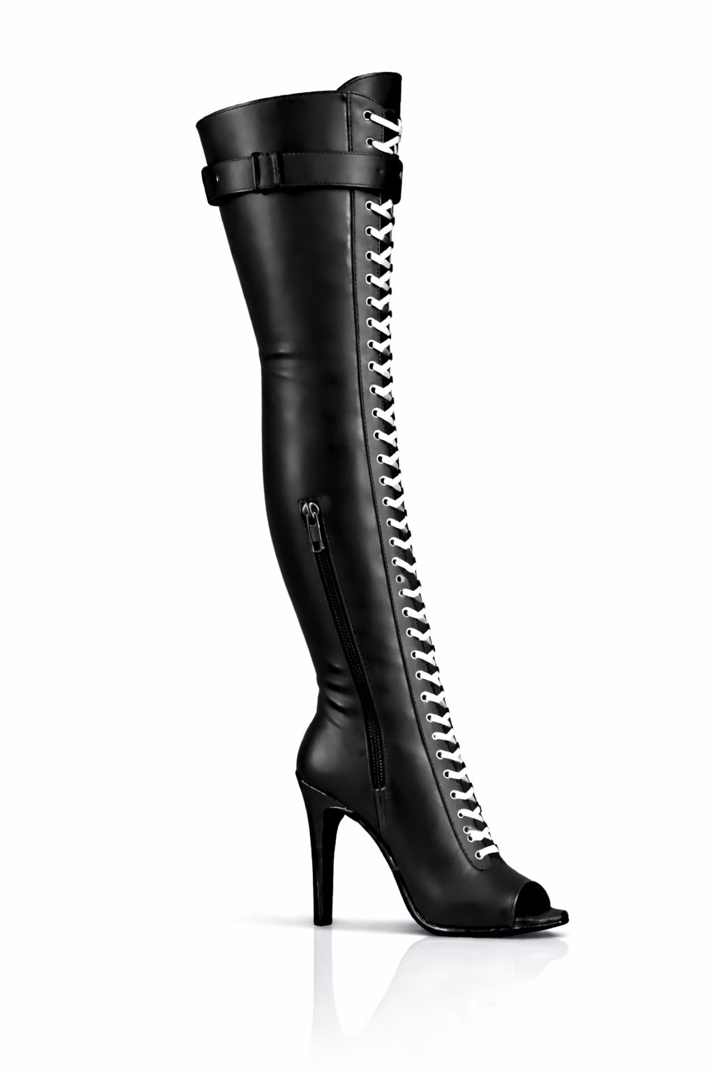 Over-Knee Leather Boots Front-Laces 2-color Black-White